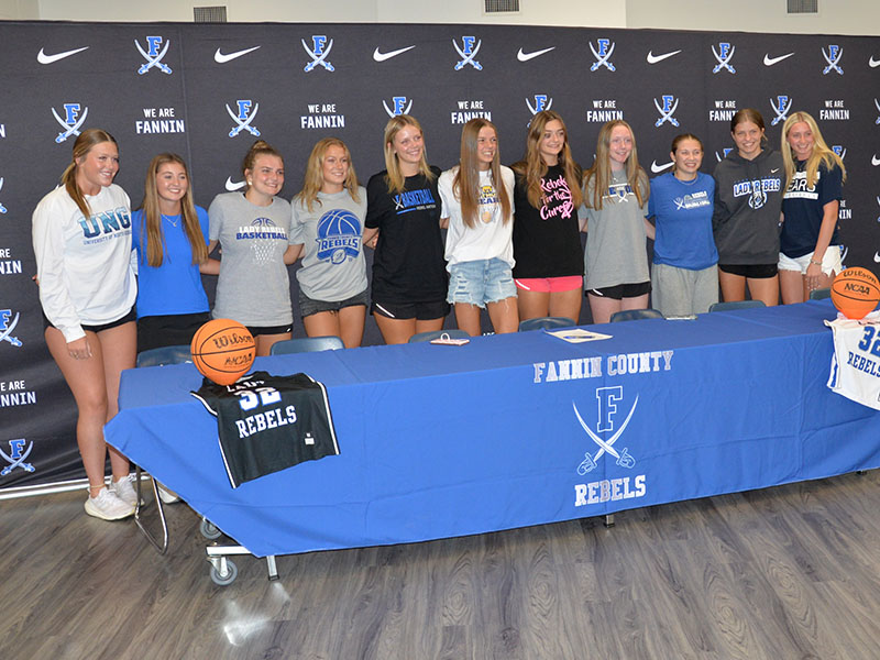 A crowd of some 80 people showed up to celebrate Macy Hawkins’ Letter of Intent signing to play basketball for the Truett McConnell University Bears. Among them were Lady Rebel teammates, from left, Addison Smith, Courtney Davis, Maggie Ledford, Callie Ensley, Emma Holloway, Hawkins, Reece Lewis, Emma Buchanan, Izzy Jabaley, Annabelle Anderson and Ava Lackey.